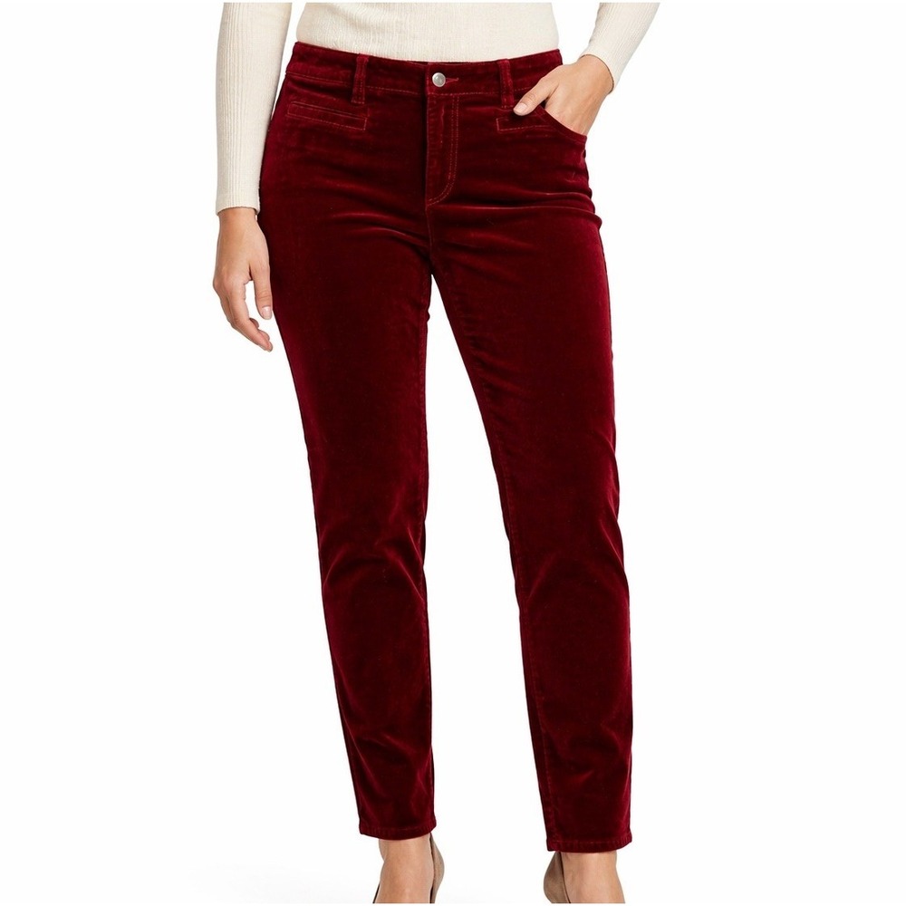 Lands End Maroon Red Velvet Pants Womens 12 Petite 32x28 Mid Rise Slim Holiday